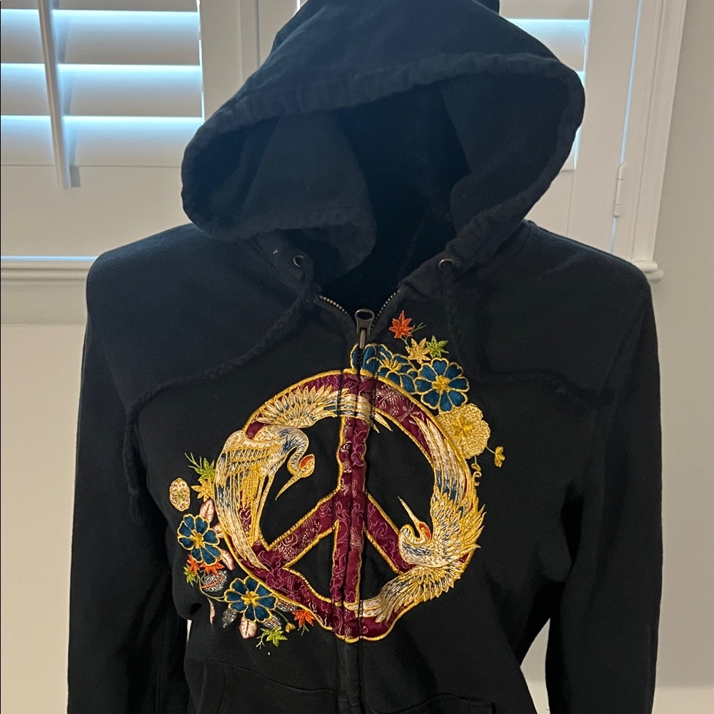Lucky Brand Embroidered Black Hoodie Jacket